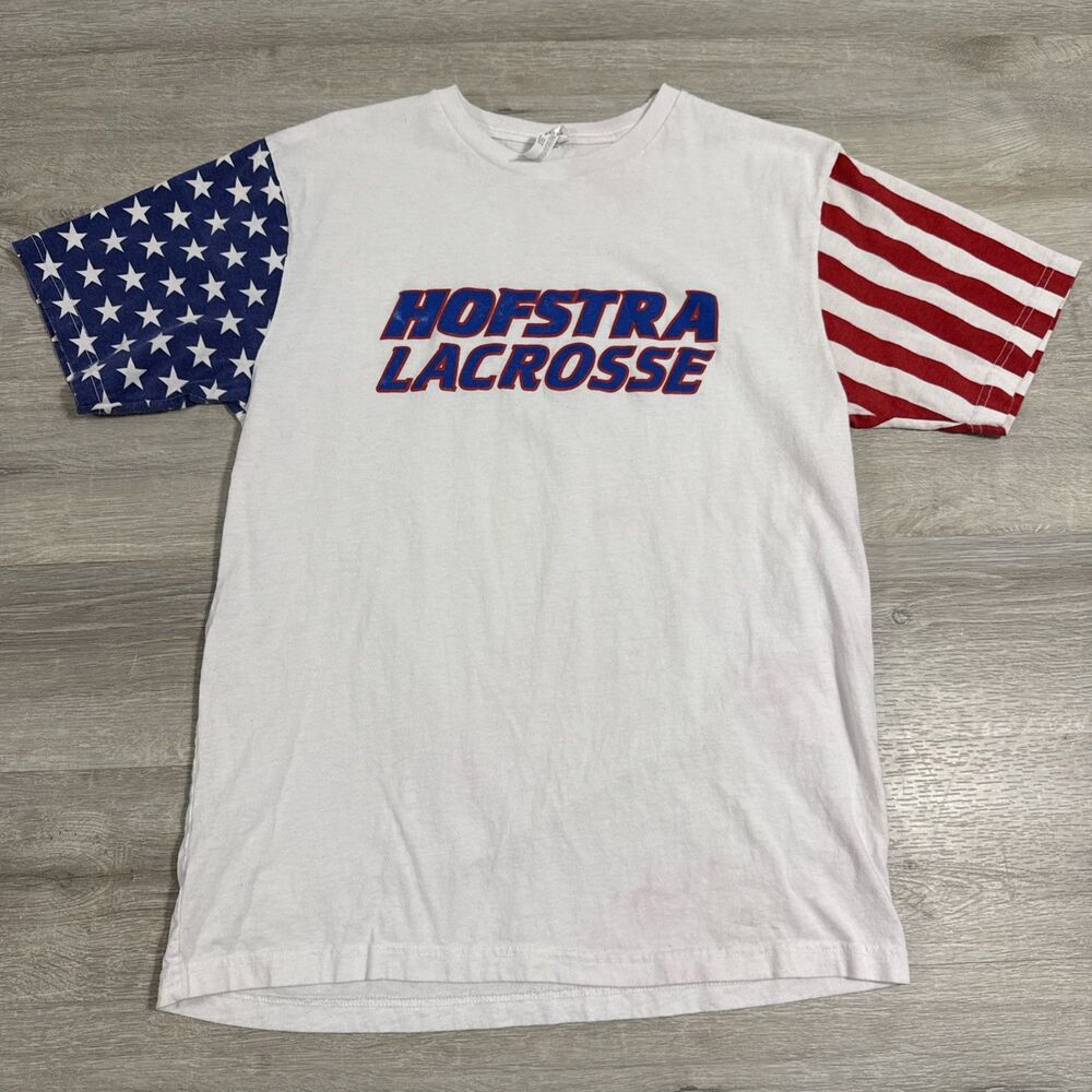 Hofstra Pride Lacrosse Shirt American Flag Sleeves Men's White Large Tee